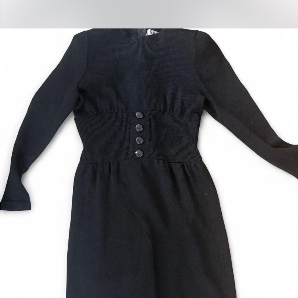 1970 Black Long-Sleeve Knit Dress with Waist Buttons